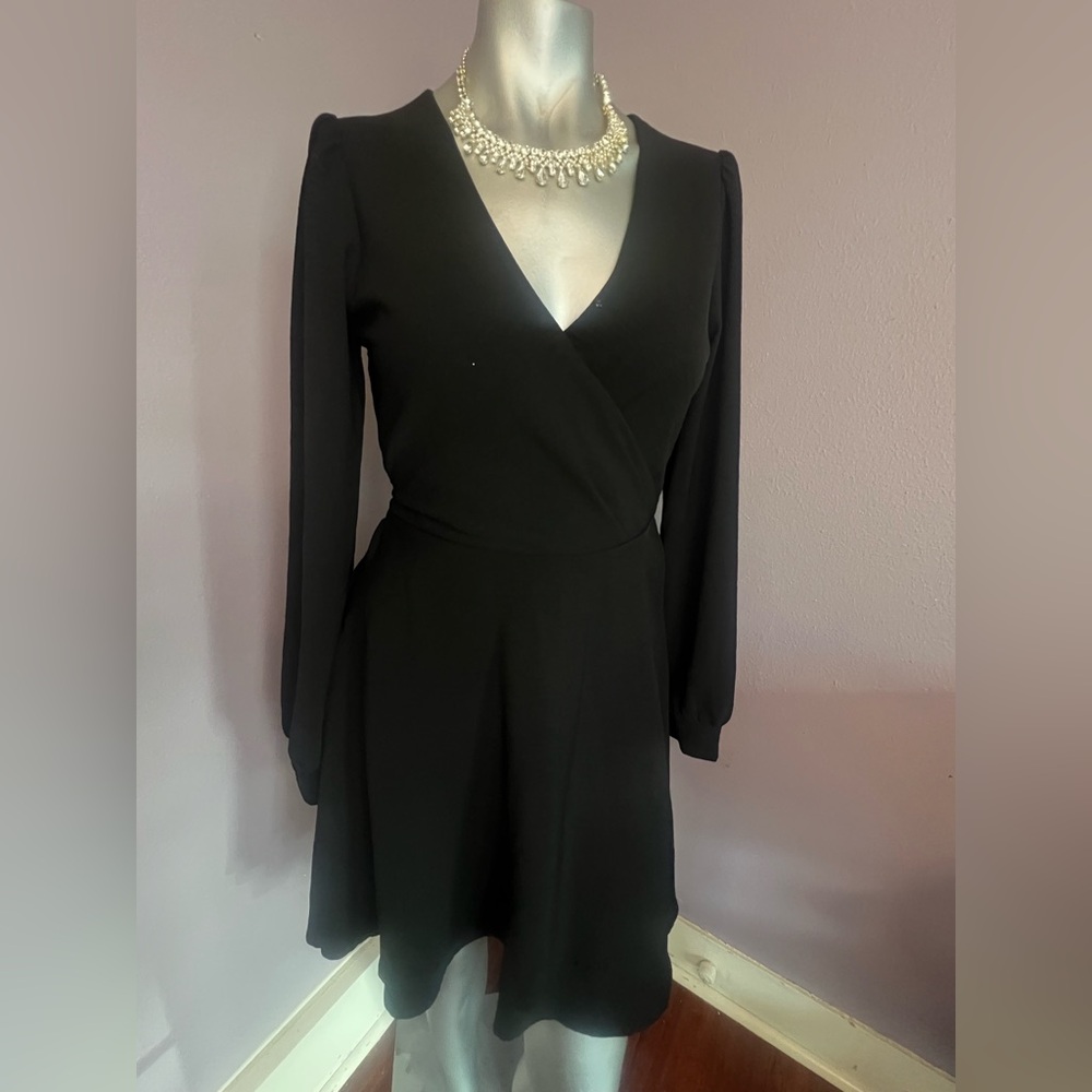 Cato Black Long Sleeve V-Neck Wrap Skater Dress